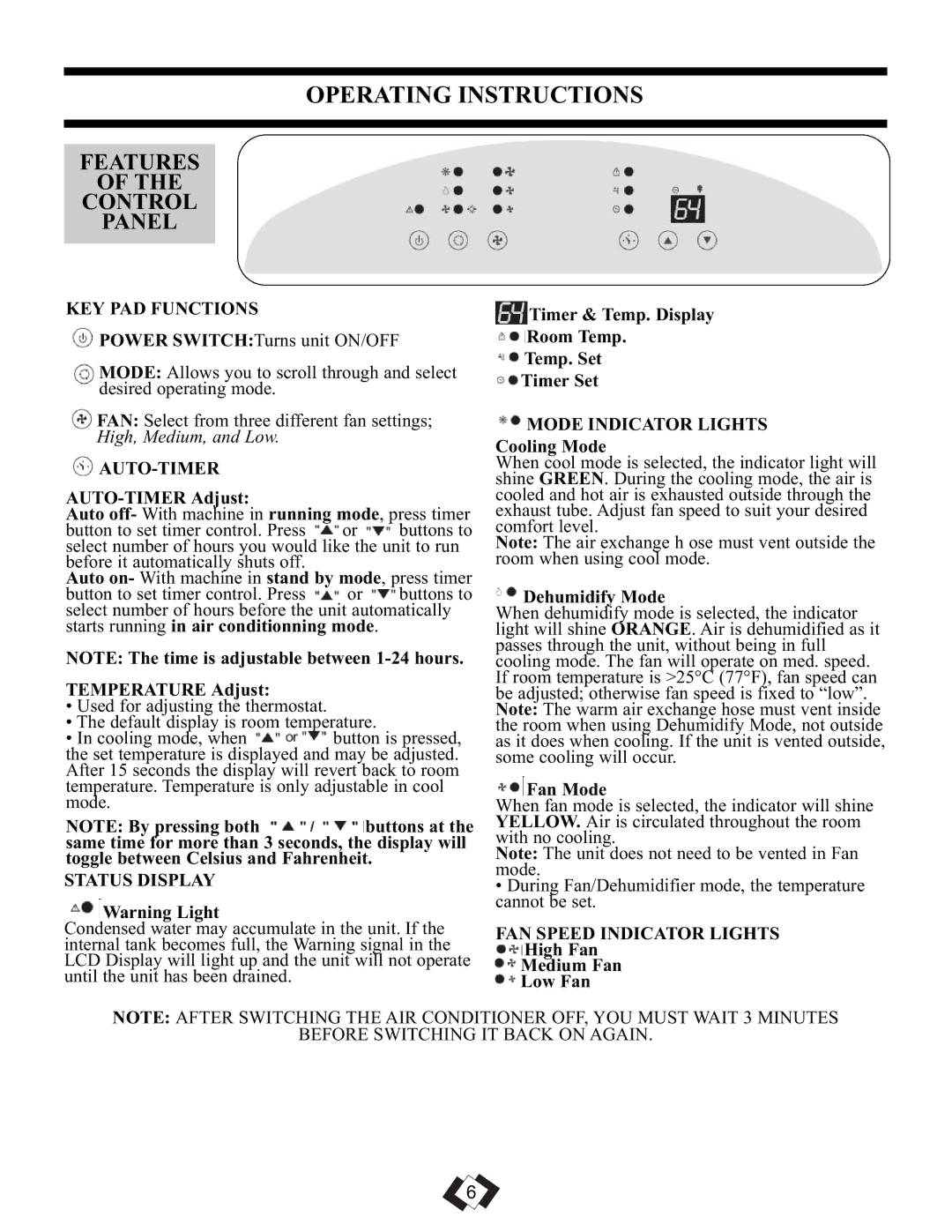 Danby DPAC 11010 manual Operating Instructions 