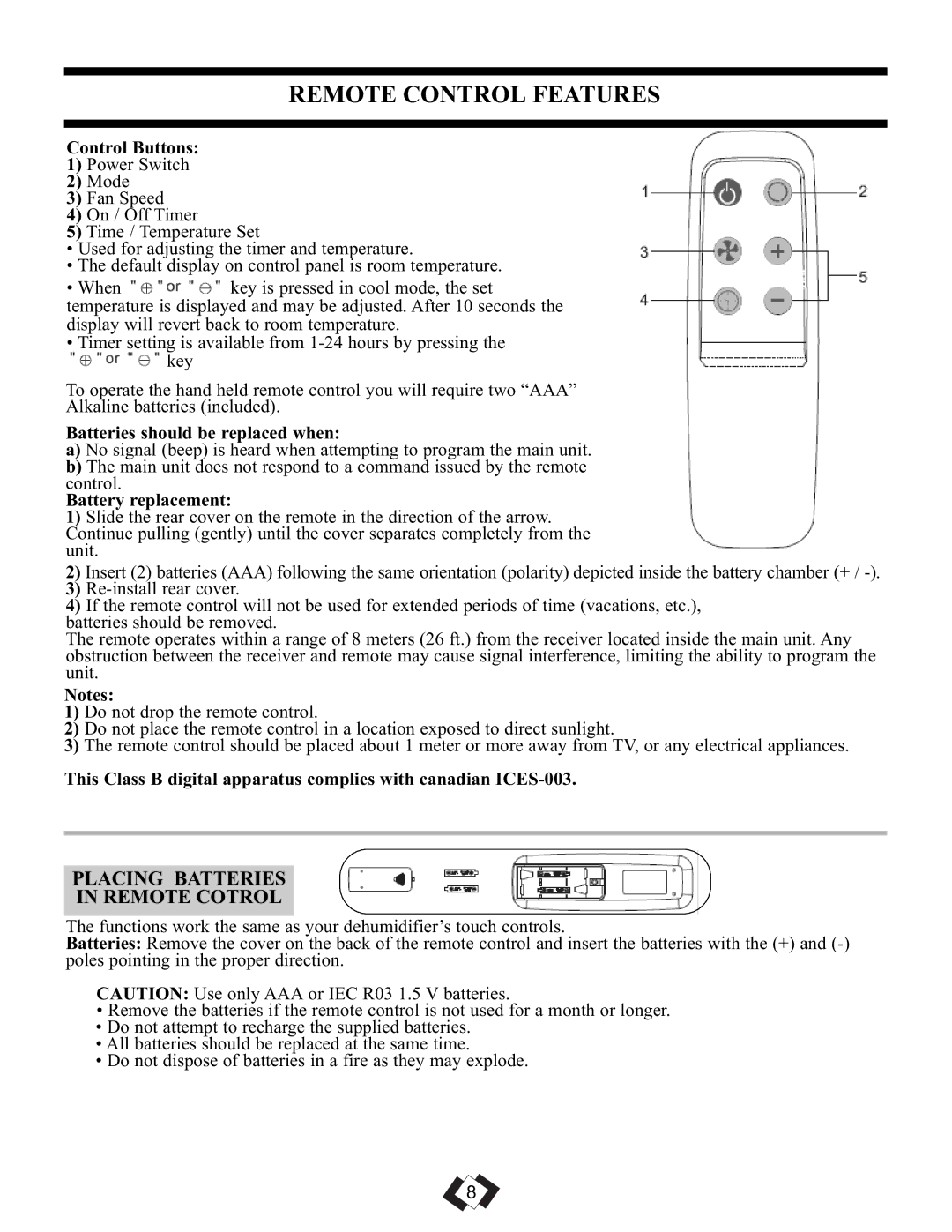 Danby DPAC 11010 manual Remote Control Features, Placing Batteries Remote Cotrol, Control Buttons, Battery replacement 