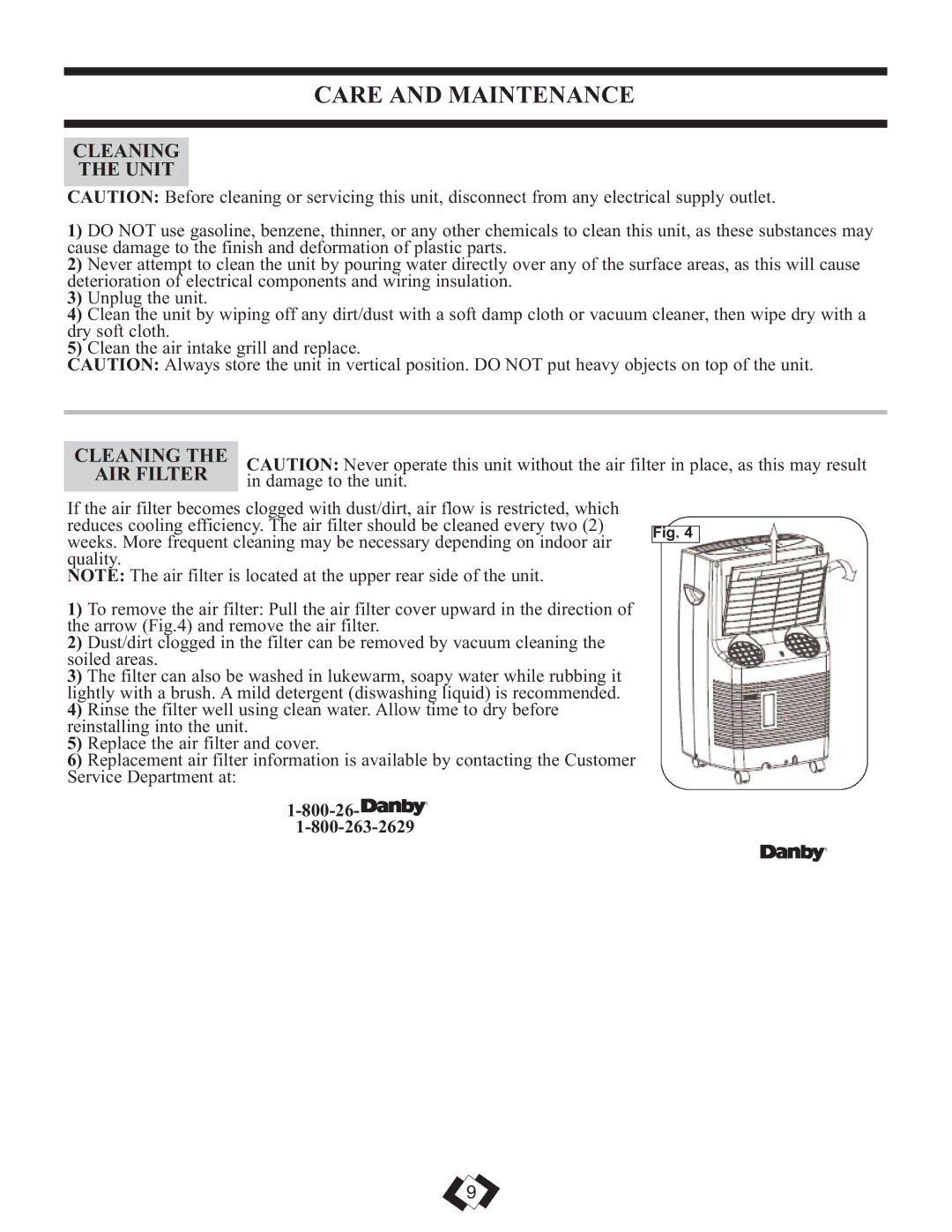 Danby DPAC 12099 Care and Maintenance, Cleaning Unit, Cleaning AIR Filter, Damage to the unit, 800-26 