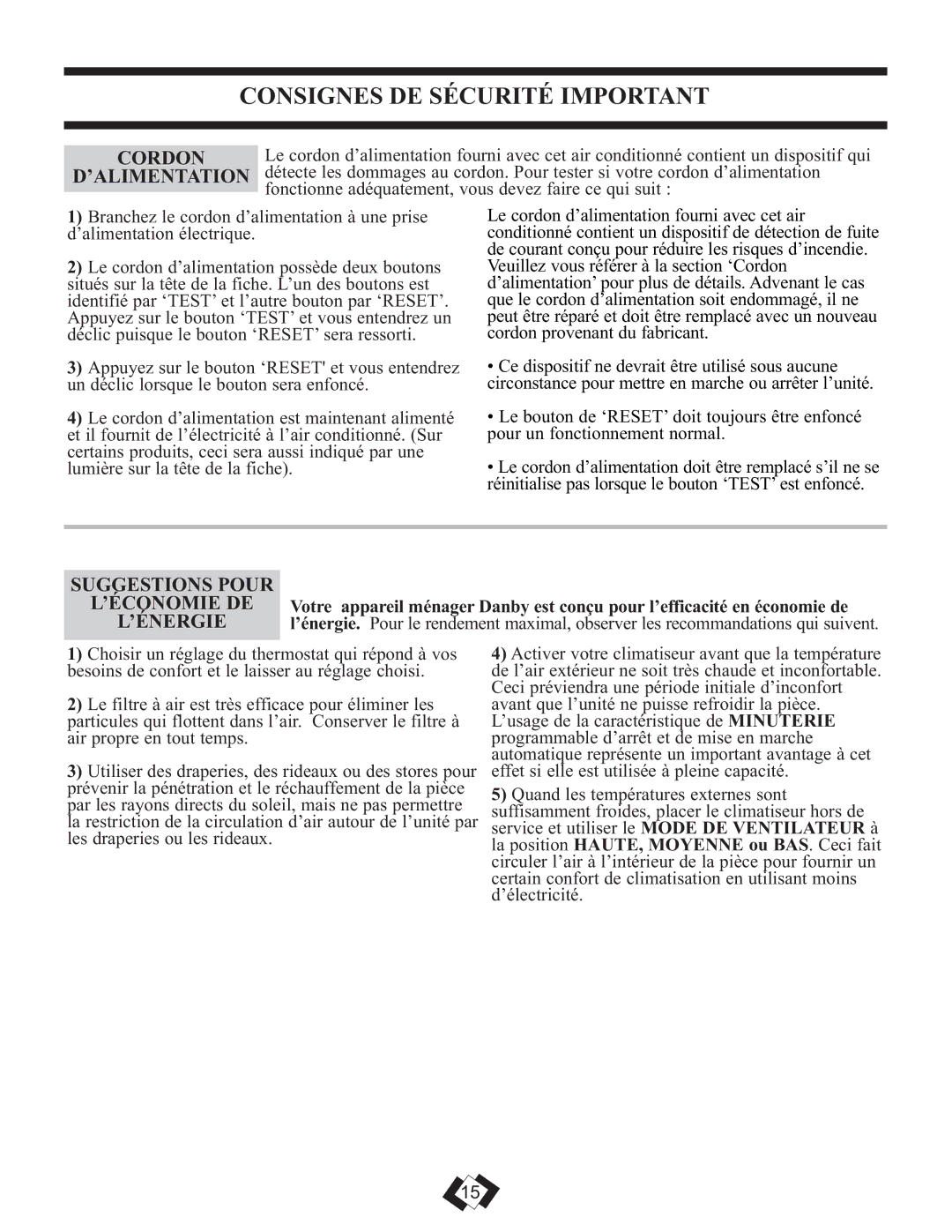 Danby DPAC 12099 operating instructions Cordon, ’Alimentation, Suggestions Pour ’ÉCONOMIE DE 