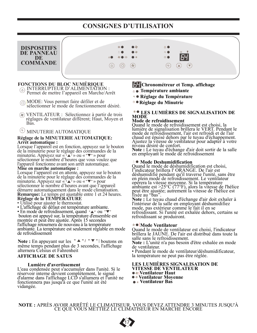 Danby DPAC 12099 operating instructions Réglage de la Minuterie Automatique Arrêt automatique, Mise en marche automatique 