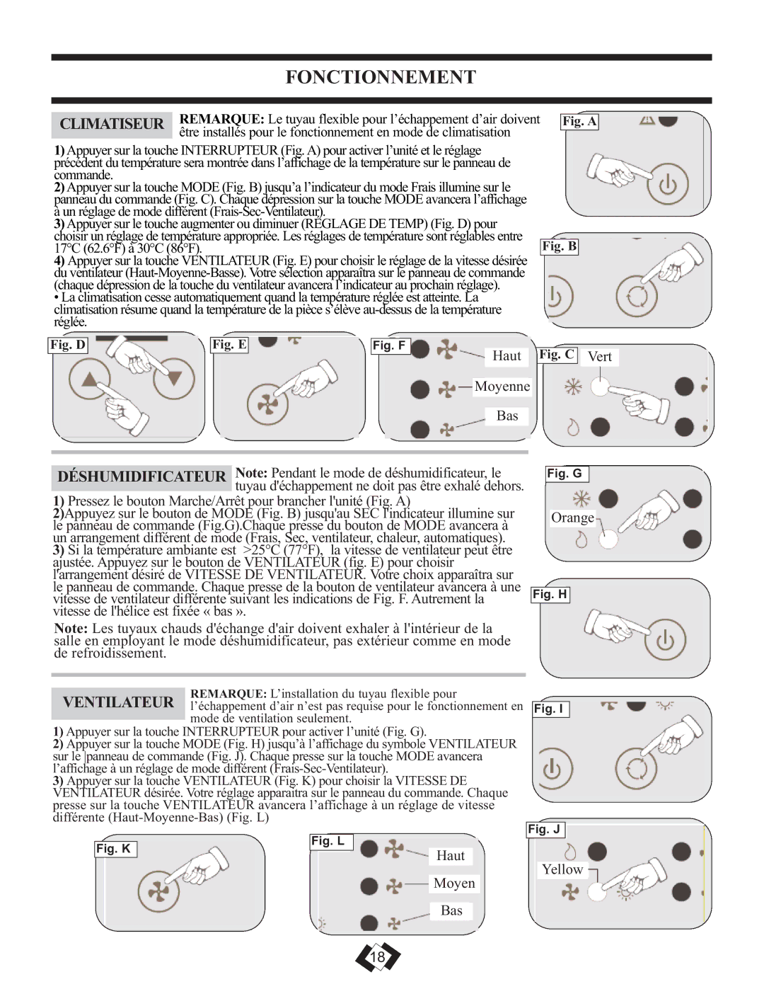 Danby DPAC 12099 operating instructions Fonctionnement, Climatiseur, Haut 