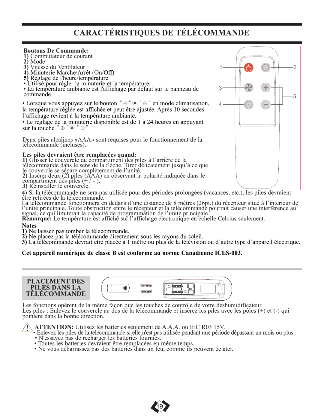 Danby DPAC 12099 Caractéristiques DE Télécommande, Placement DES Piles Dans LA Télécommande, Boutons De Commande 