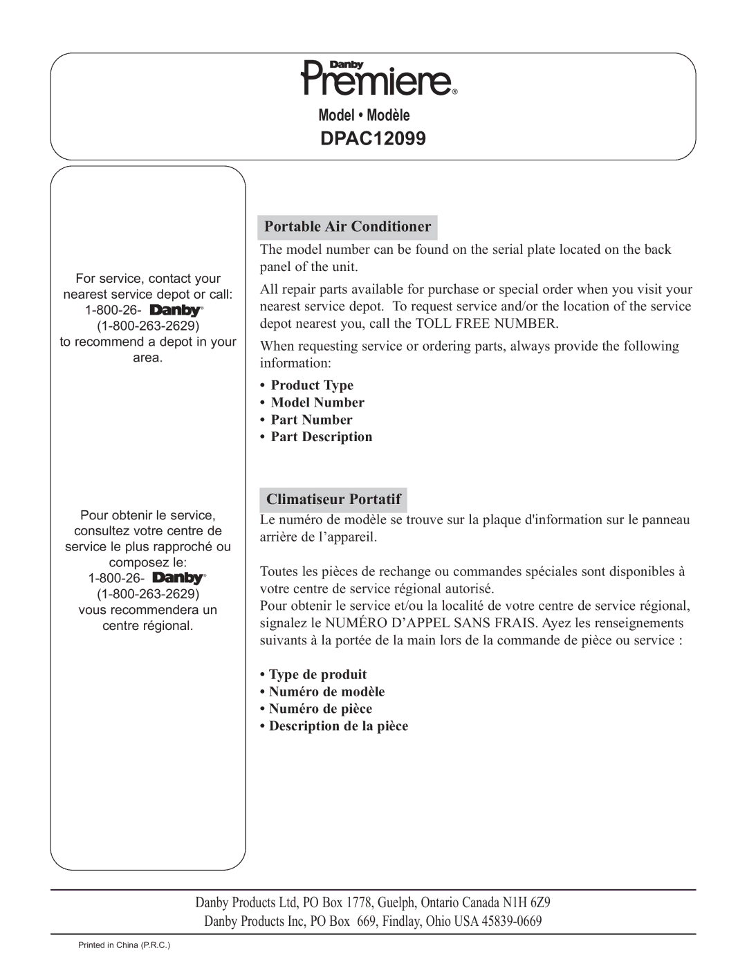 Danby DPAC 12099 operating instructions DPAC12099, Product Type Model Number Part Number Part Description 