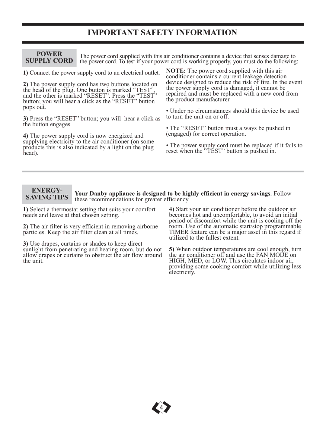 Danby DPAC 12099 Power, Supply Cord, Energy, Saving Tips, These recommendations for greater efficiency 