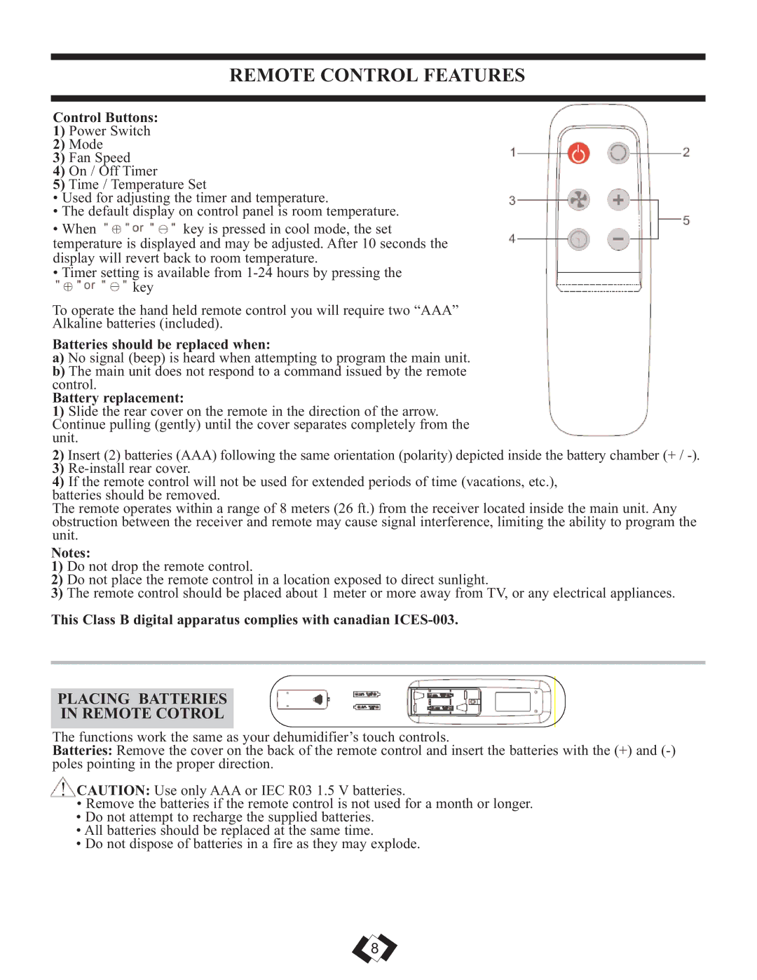 Danby DPAC 12099 Remote Control Features, Placing Batteries Remote Cotrol, Control Buttons, Battery replacement 