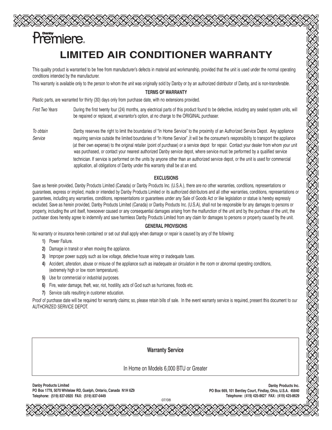 Danby DPAC 12099 manual Limited AIR Conditioner Warranty 