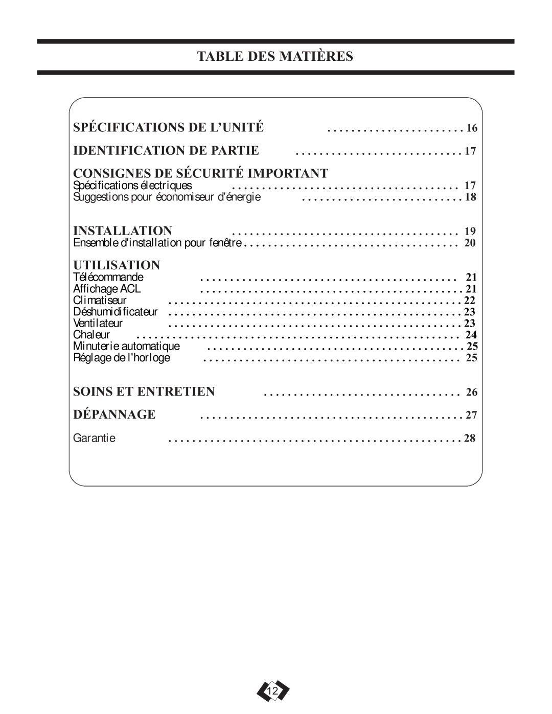 Danby DPAC 12099 manual Table DES Matières, Consignes DE Sécurité Important 