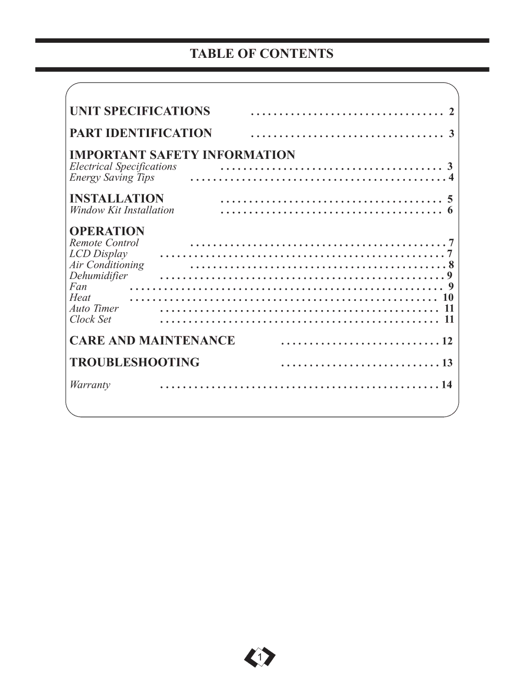 Danby DPAC 12099 manual Table of Contents 