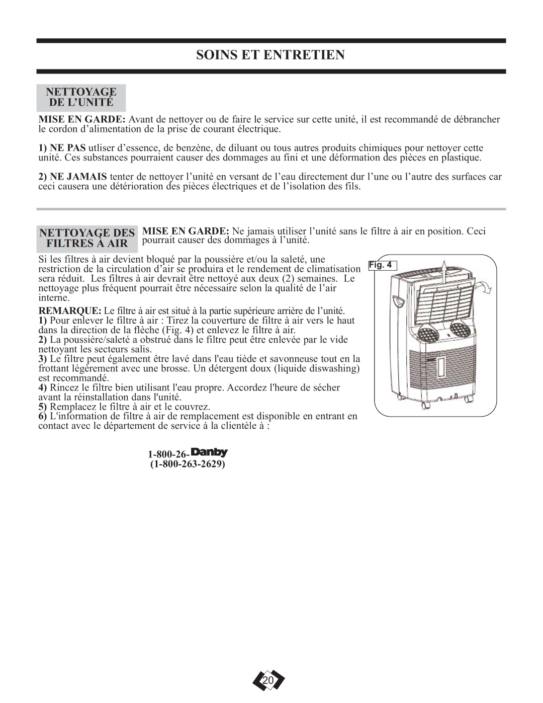 Danby DPAC 12099 manual Soins ET Entretien, Nettoyage DE L’UNITÉ, Nettoyage DES, Filtres À AIR 