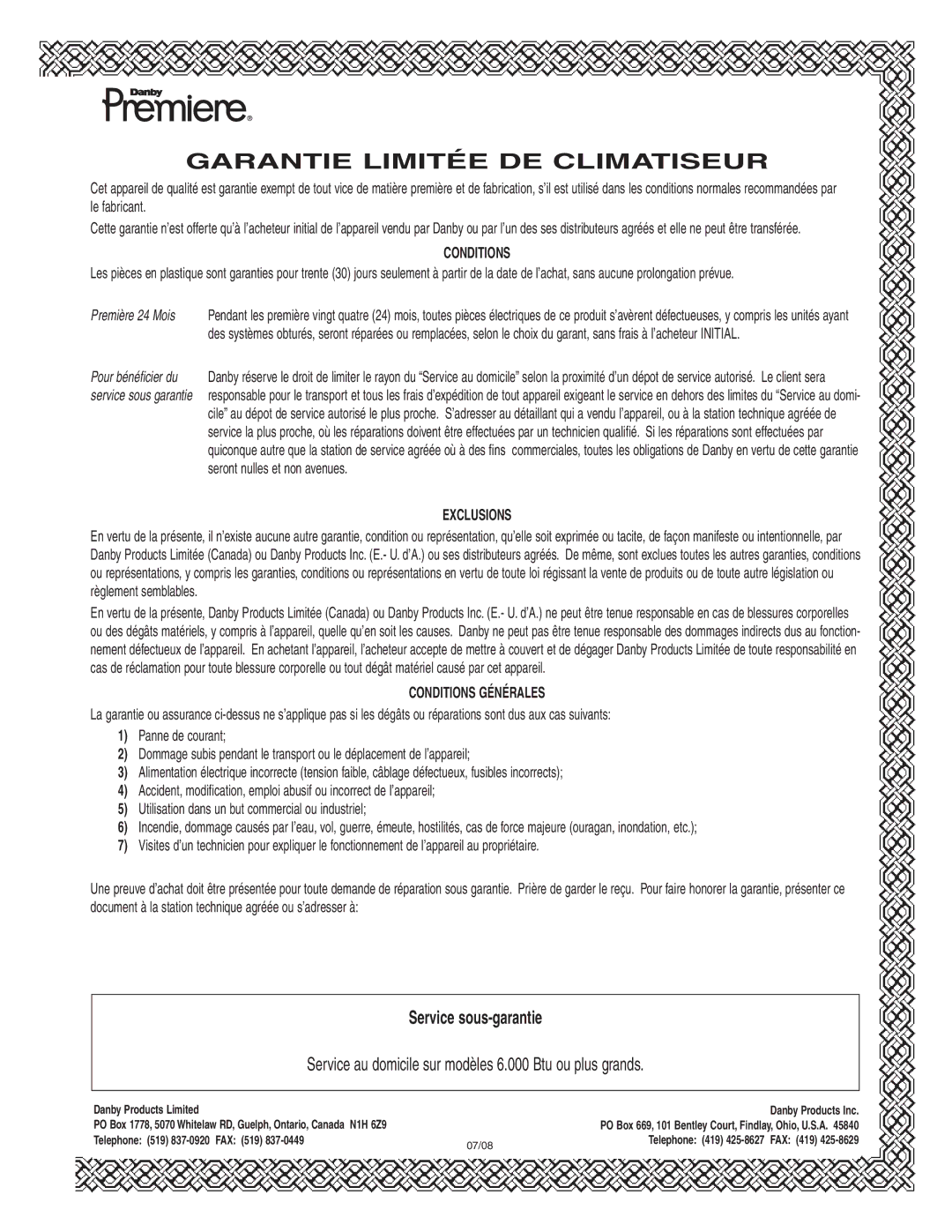 Danby DPAC 12099 manual Garantie Limitée DE Climatiseur 