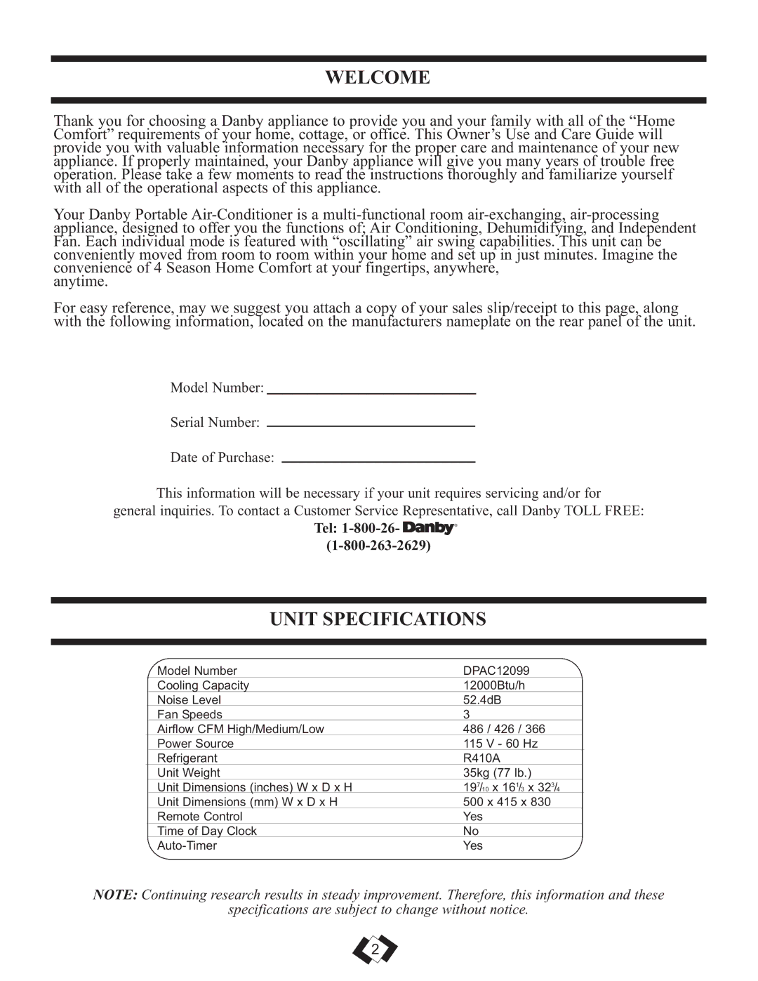 Danby DPAC 12099 manual Welcome, Unit Specifications, Tel 1-800-26 