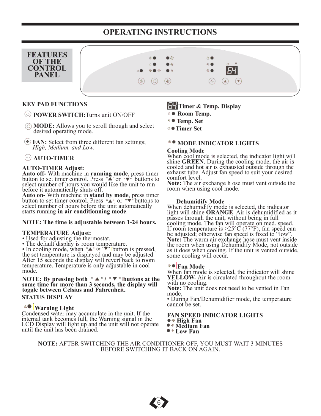 Danby DPAC 12099 manual Operating Instructions 