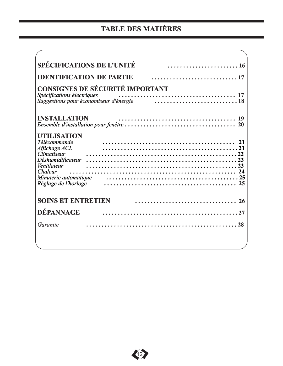 Danby DPAC 12099 Table Des Matières, Consignes De Sécurité Important, Utilisation, Spécifications De L’Unité, Installation 