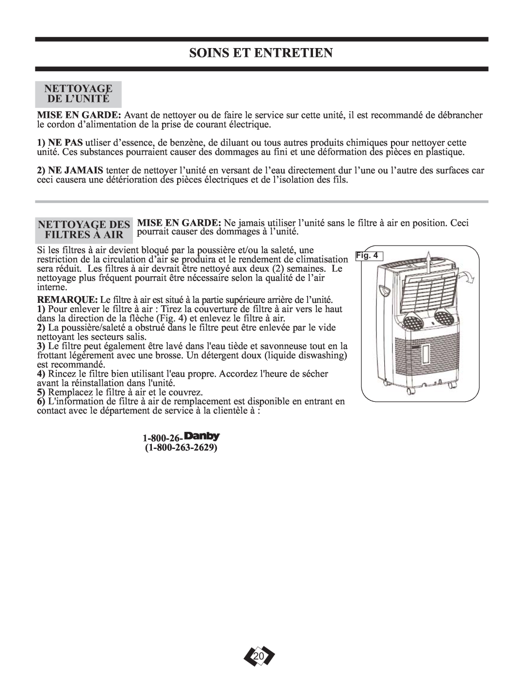 Danby DPAC 12099 operating instructions Soins Et Entretien, Nettoyage De L’Unité, Nettoyage Des, Filtres À Air, 1-800-26 