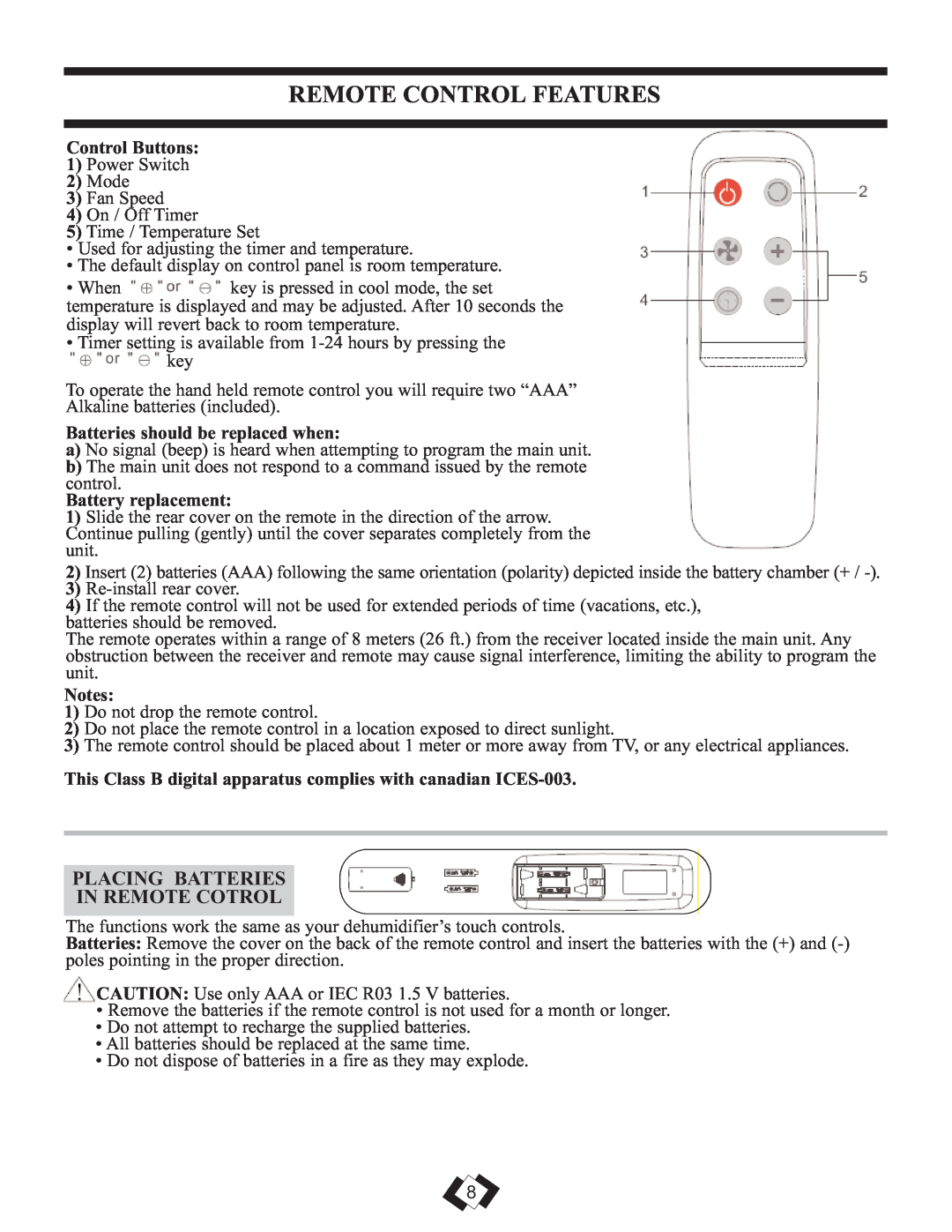 Danby DPAC 12099 Remote Control Features, Control Buttons, Batteries should be replaced when, Battery replacement 
