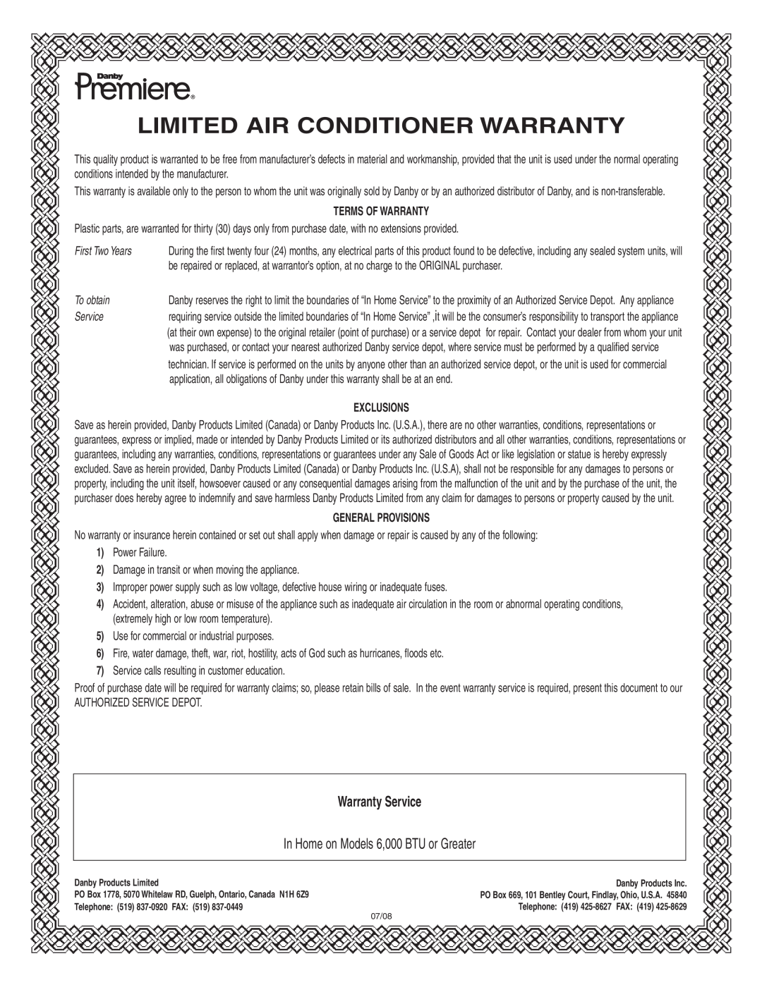 Danby DPAC 12099 Limited Air Conditioner Warranty, Warranty Service, In Home on Models 6,000 BTU or Greater, To obtain 