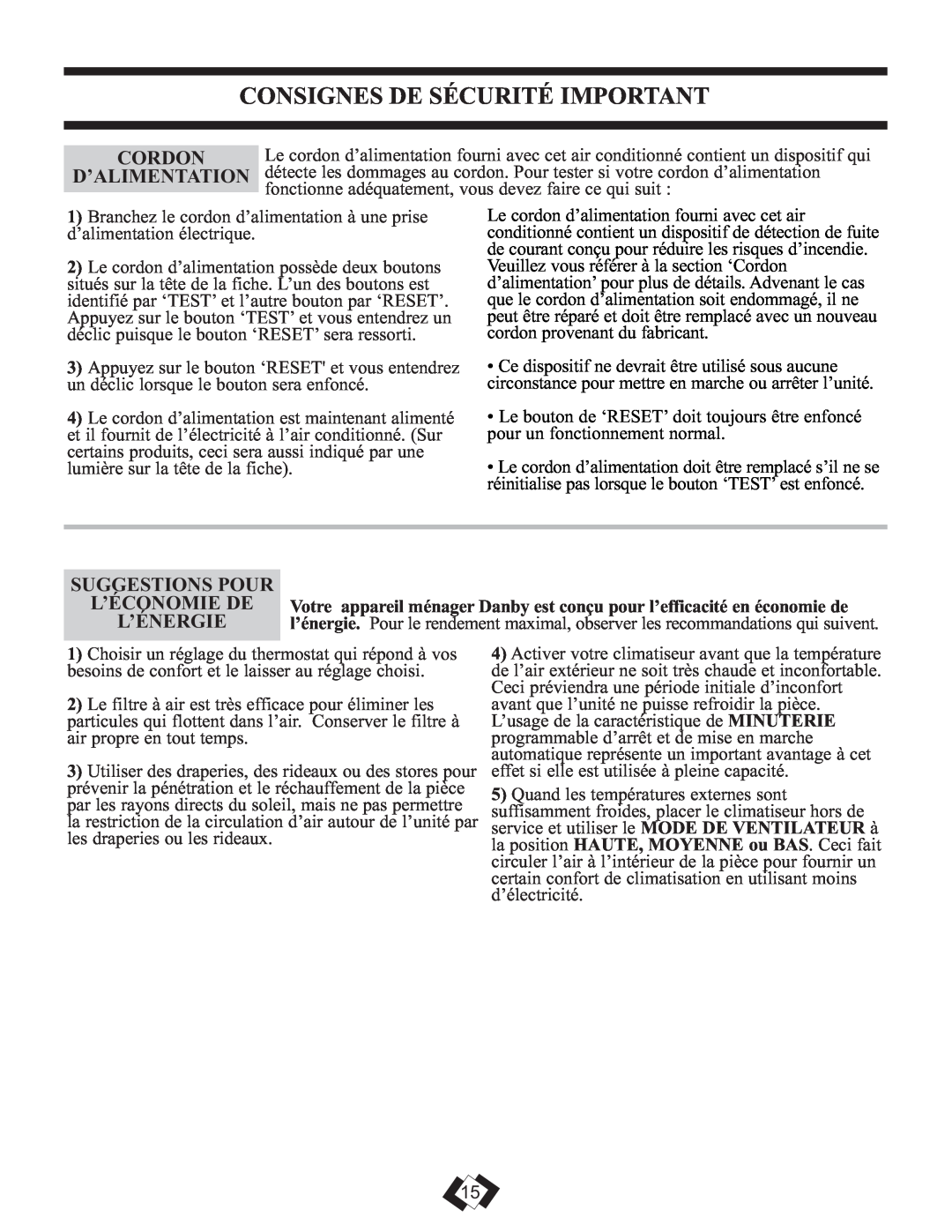 Danby DPAC 12099 manual Consignes De Sécurité Important, Cordon, D’Alimentation, Suggestions Pour, L’Économie De, L’Énergie 