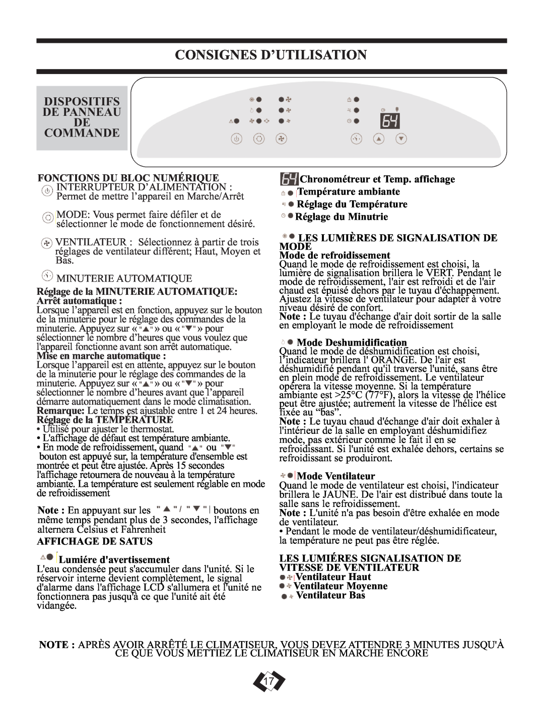 Danby DPAC 12099 manual Dispositifs De Panneau De Commande, Consignes D’Utilisation, Mise en marche automatique 