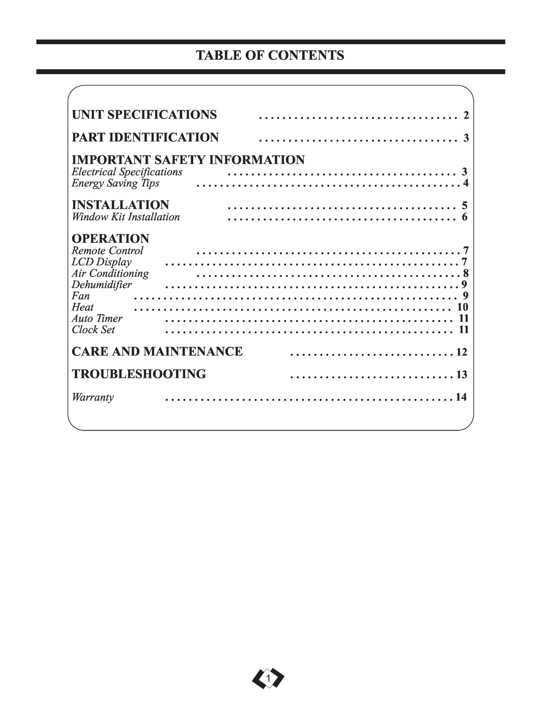 Danby DPAC 12099 manual Table Of Contents, Important Safety Information, Operation 