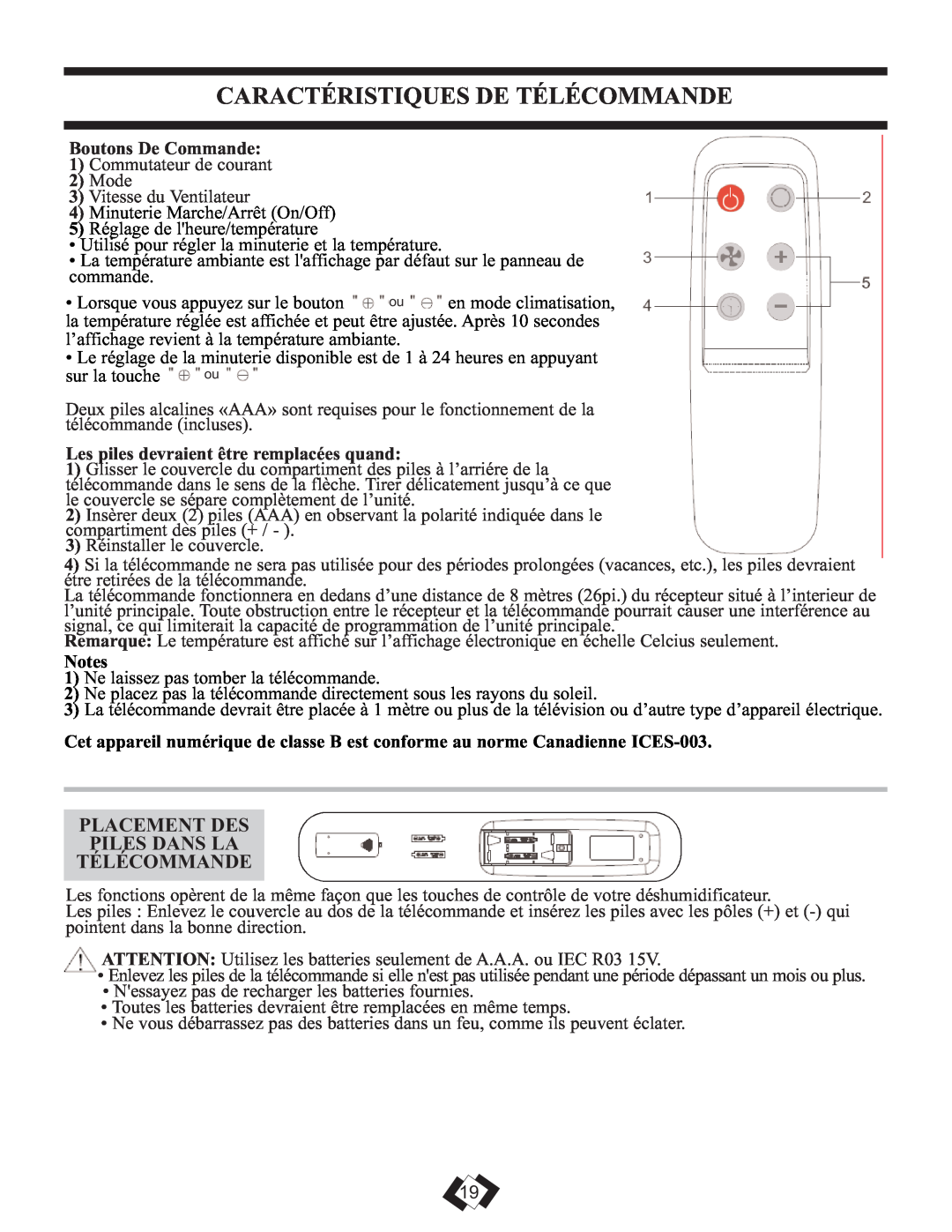 Danby DPAC 12099 manual Caractéristiques De Télécommande, Placement Des Piles Dans La Télécommande, Boutons De Commande 