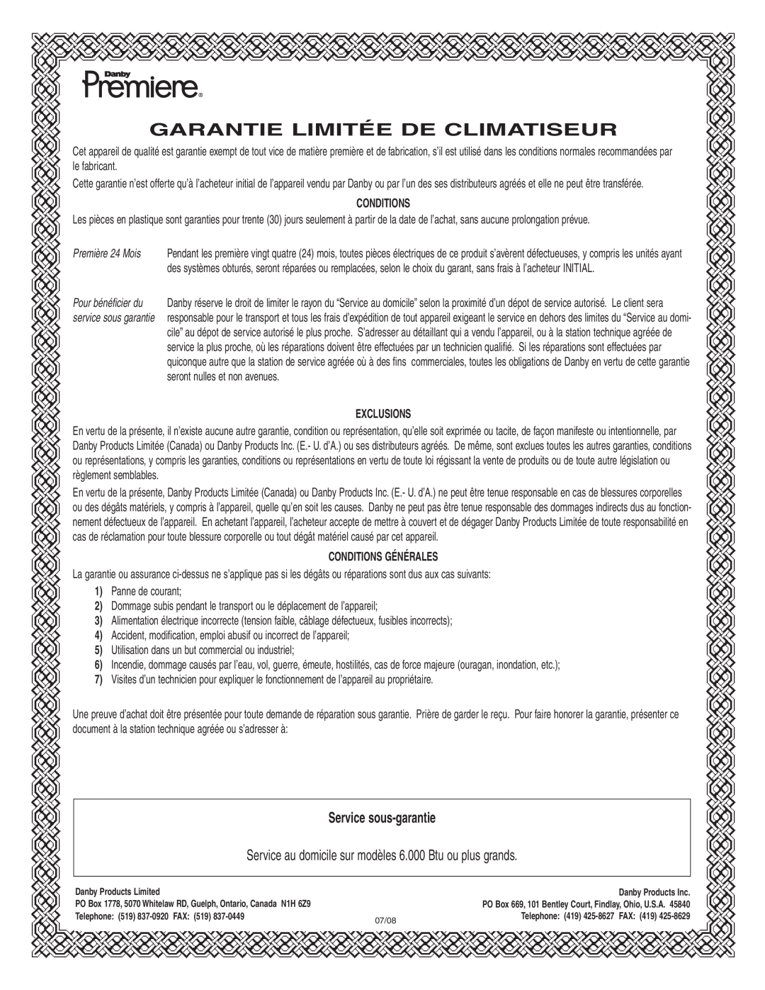 Danby DPAC 12099 manual Garantie Limitée De Climatiseur, Service sous-garantie, Exclusions, Conditions Générales 