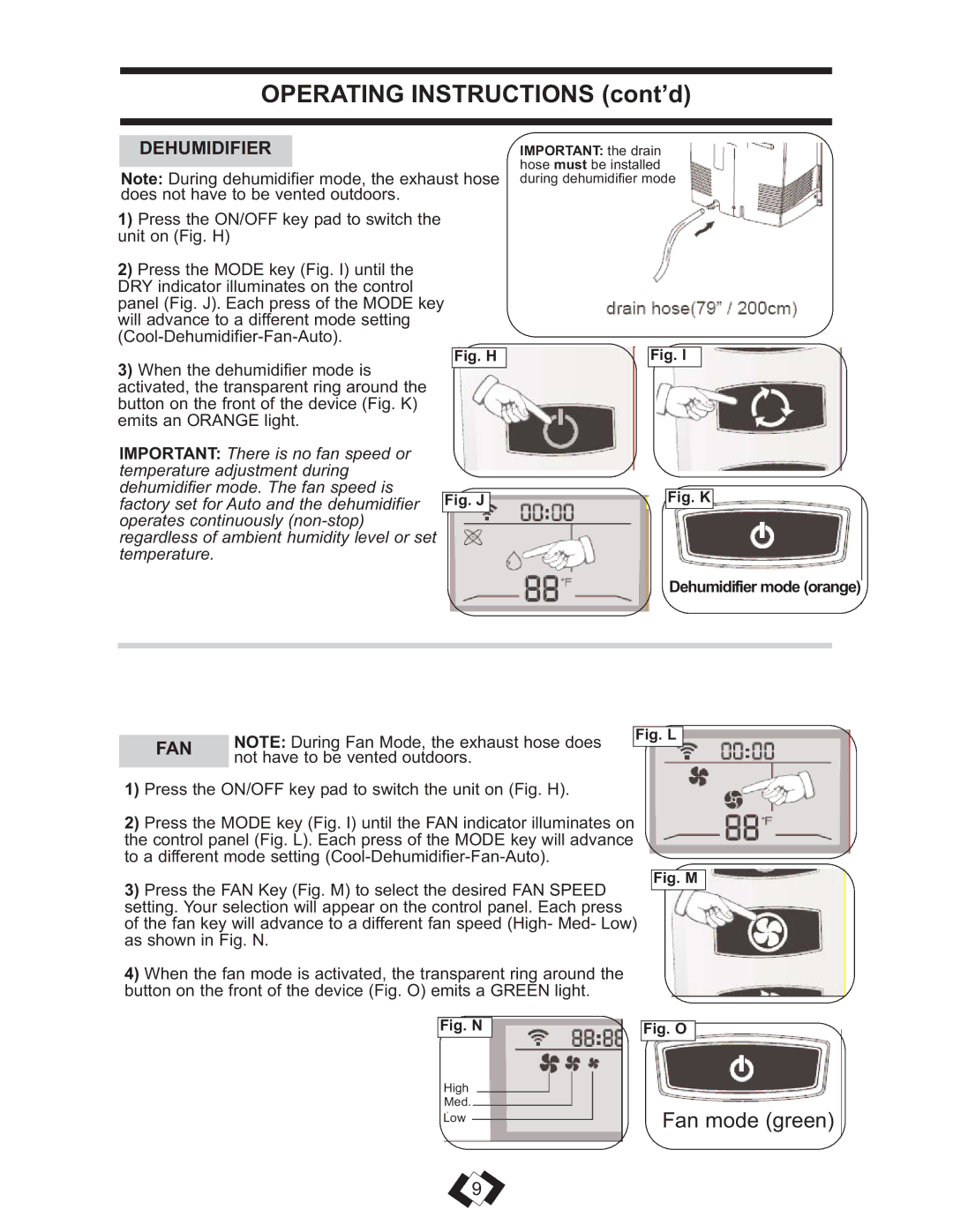 Danby DPAC 13009 operating instructions Dehumidifier, Fan 