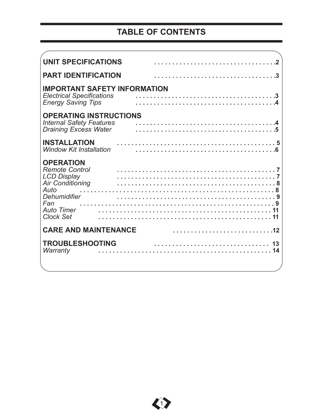 Danby DPAC 13009 operating instructions Table of Contents 