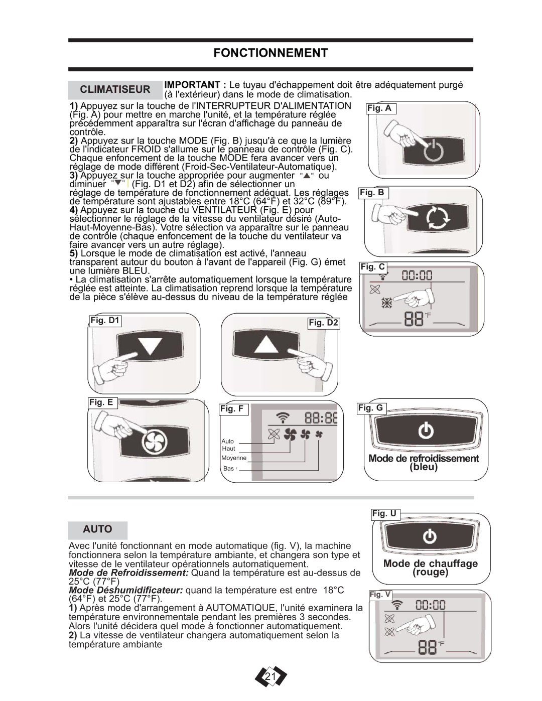 Danby DPAC 13009 operating instructions Fonctionnement, Climatiseur 