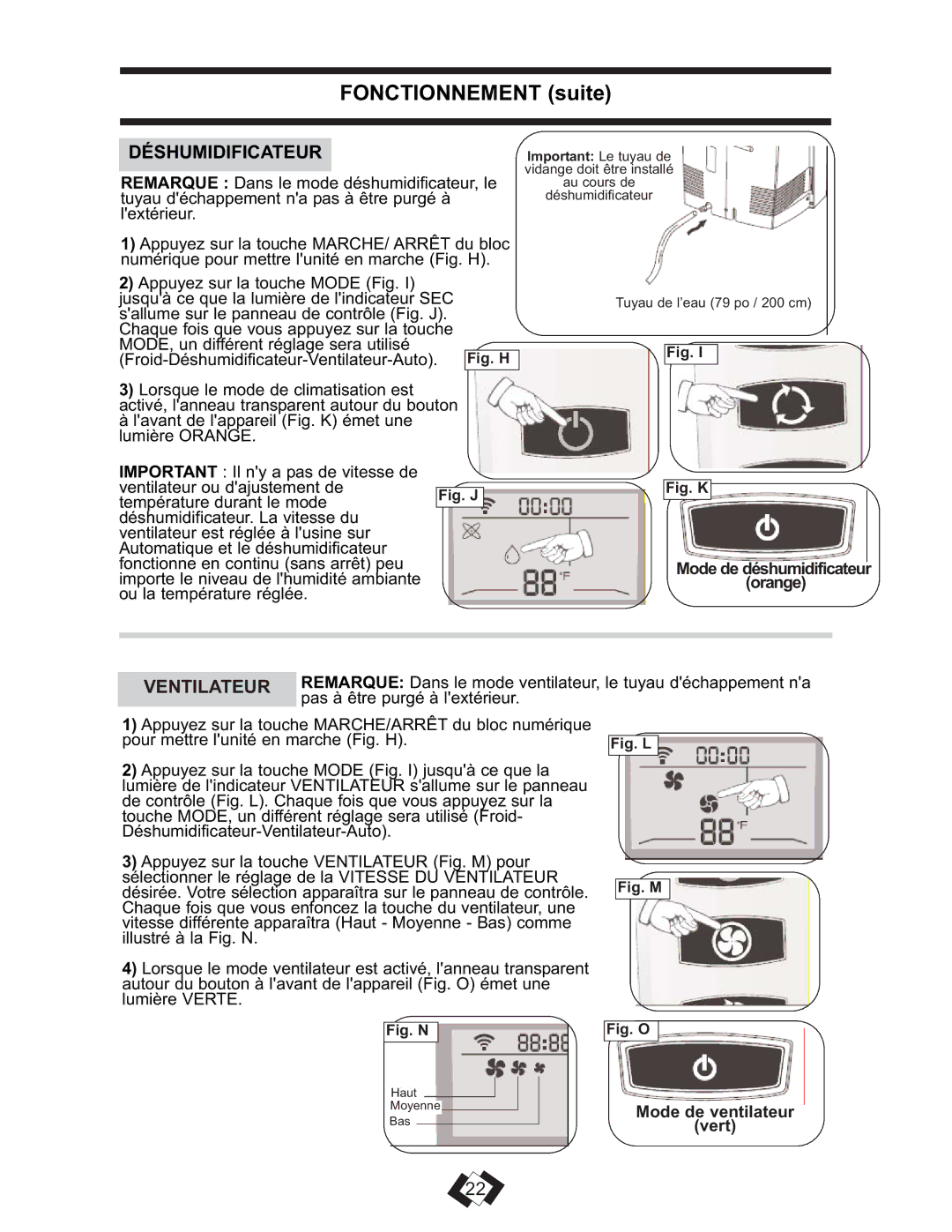 Danby DPAC 13009 operating instructions Fonctionnement suite, Ventilateur 