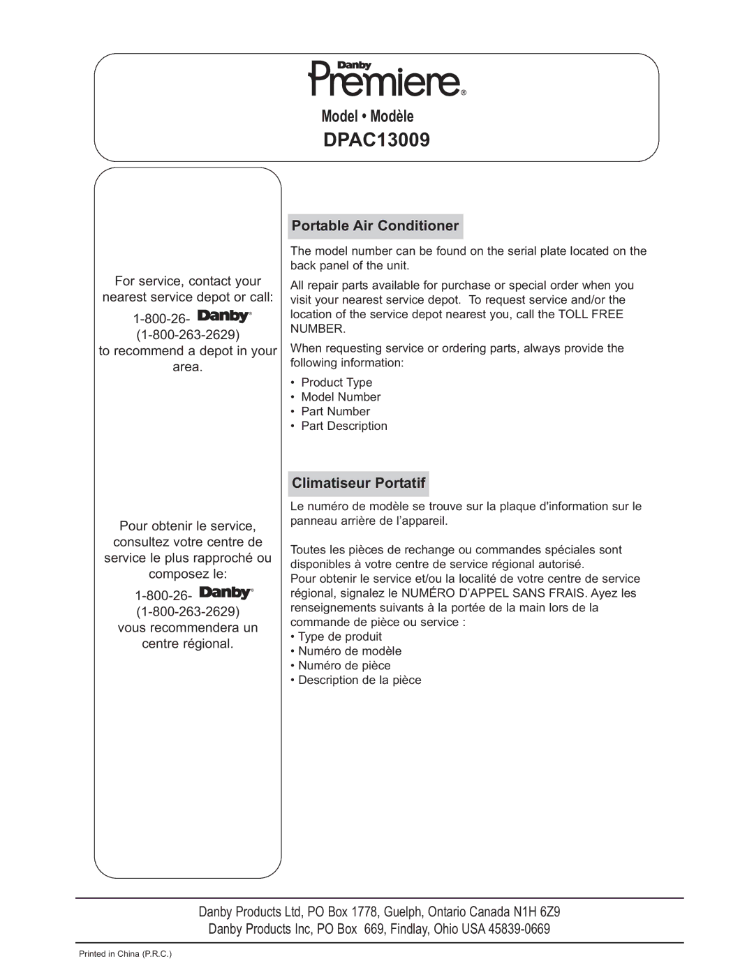 Danby DPAC 13009 operating instructions DPAC13009 