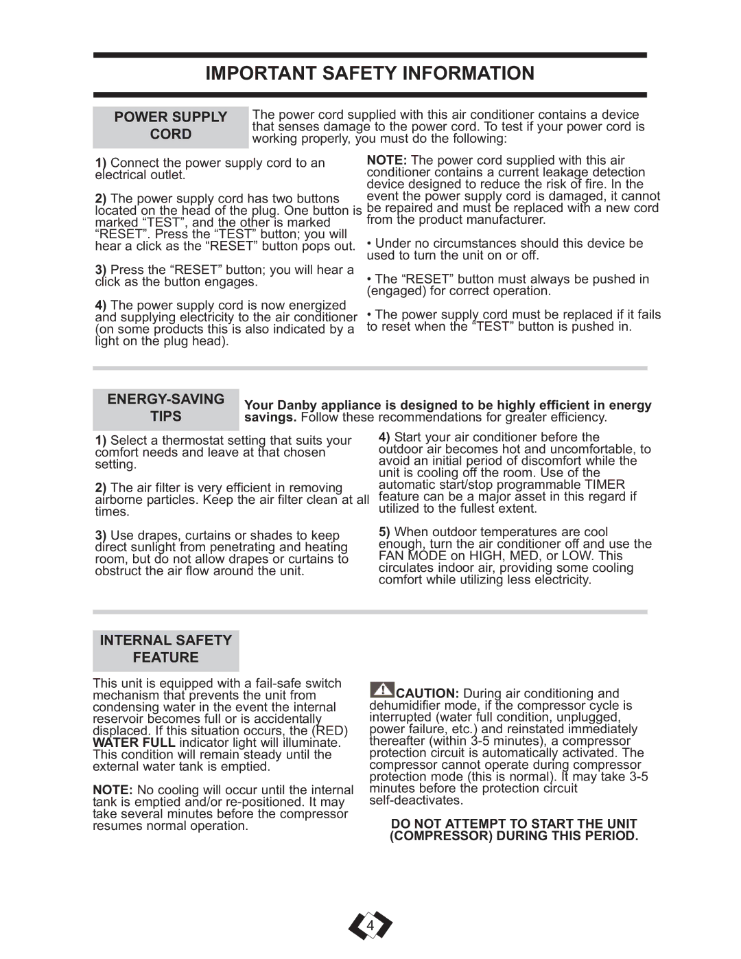 Danby DPAC 13009 operating instructions Power Supply, Cord, Energy-Saving, Internal Safety Feature, Tips 