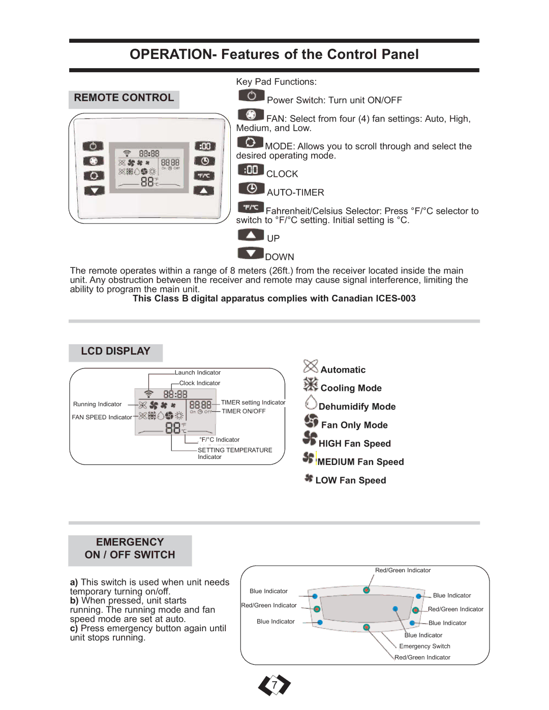 Danby DPAC 13009 operating instructions Remote Control, LCD Display, Emergency On / OFF Switch 