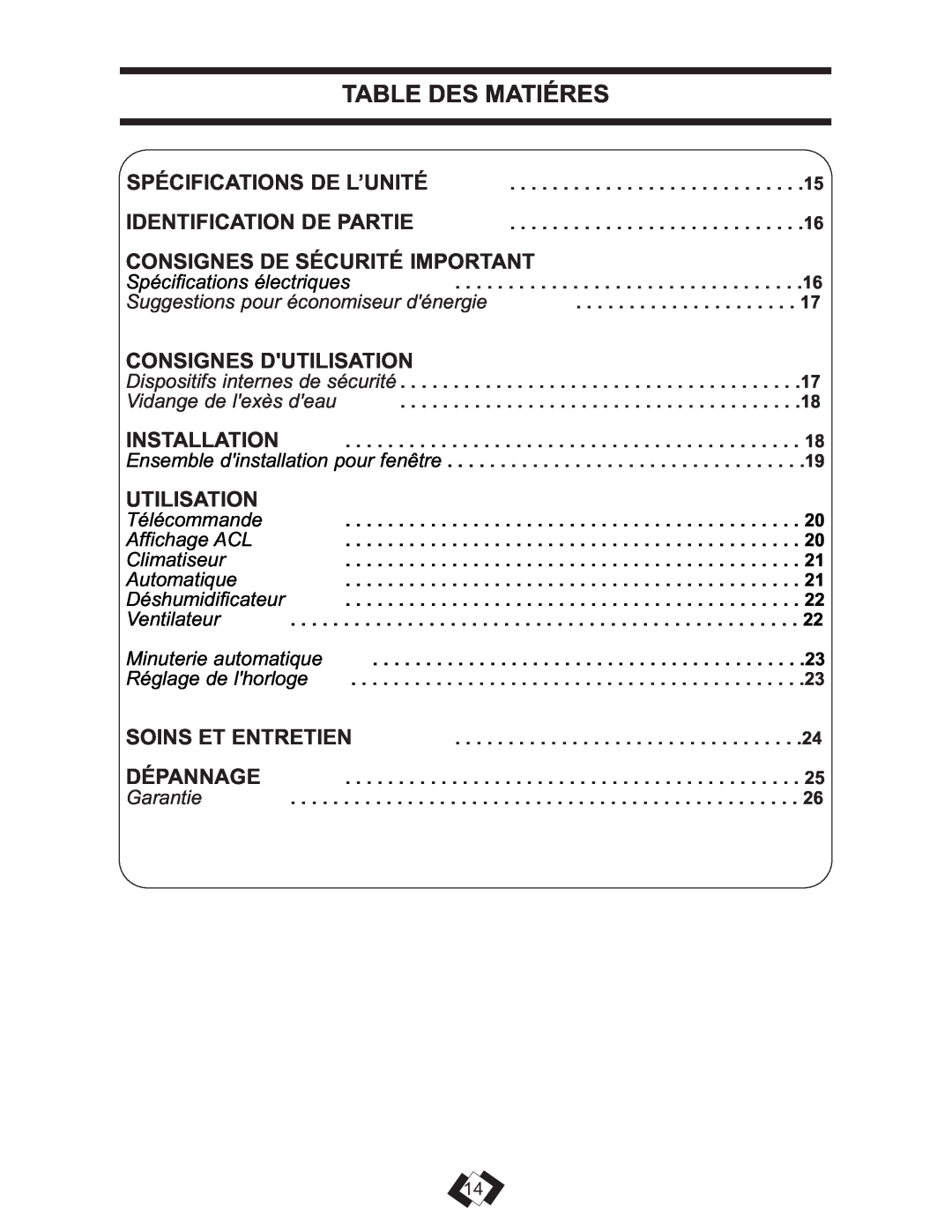 Danby DPAC 13009 Table Des Matiéres, Consignes De Sécurité Important, Consignes Dutilisation, Utilisation 