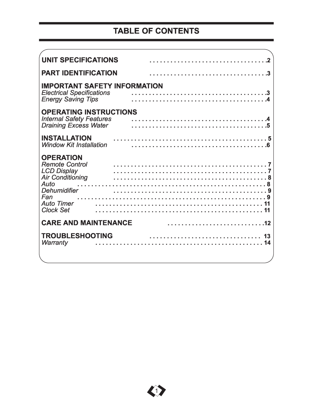 Danby DPAC 13009 operating instructions Table Of Contents, Important Safety Information, Operating Instructions, Operation 