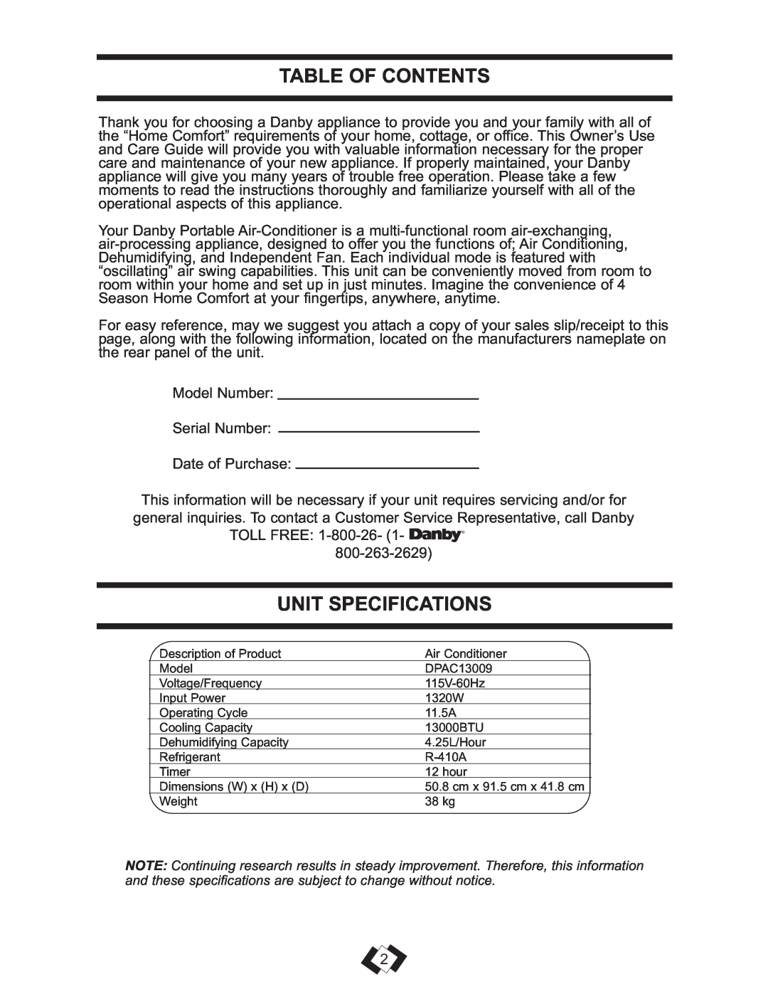 Danby DPAC 13009 operating instructions Unit Specifications, Table Of Contents 