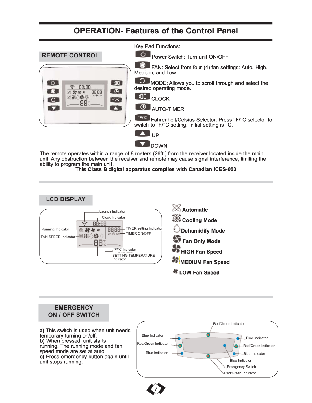 Danby DPAC 13009 OPERATION- Features of the Control Panel, Remote Control, Lcd Display, Emergency On / Off Switch 