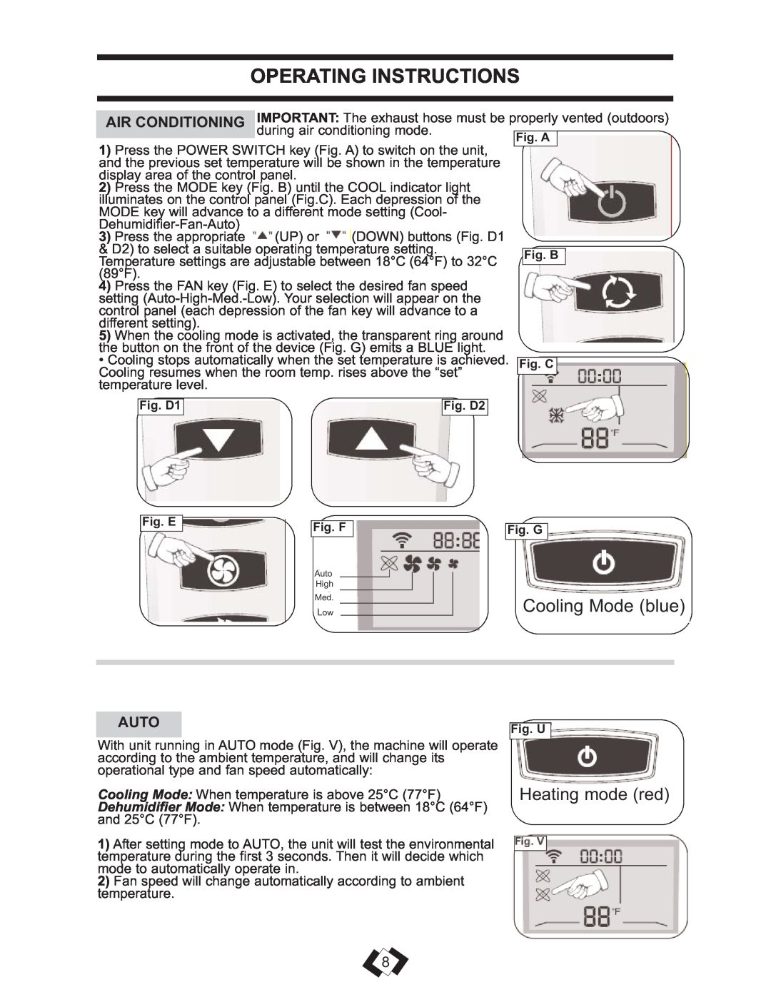 Danby DPAC 13009 operating instructions Heating mode red, Operating Instructions, Cooling Mode blue 