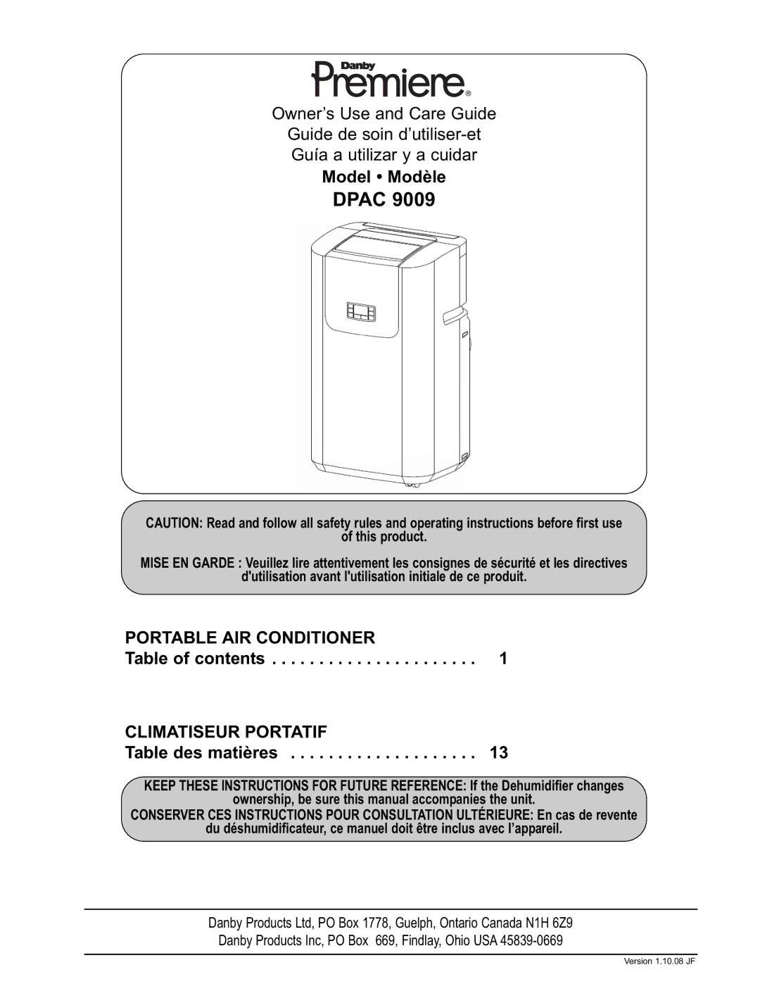 Danby DPAC 9009 manual Dpac, Climatiseur Portatif 