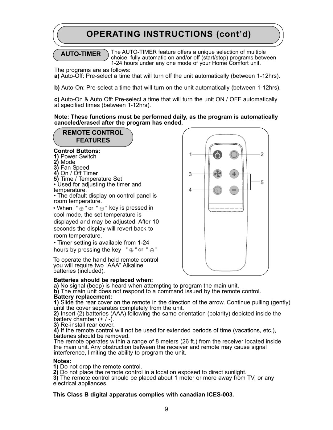 Danby DPAC 9009 manual Auto-Timer, Remote Control Features, Control Buttons, Batteries should be replaced when 