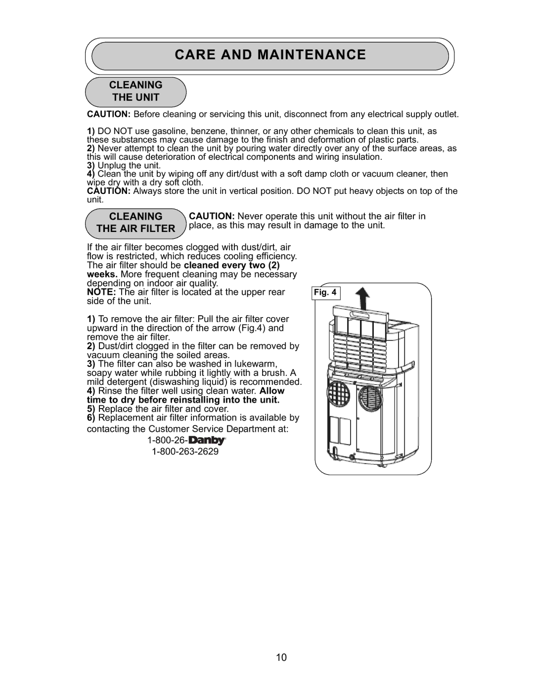 Danby DPAC 9009 manual Care and Maintenance, Cleaning Unit, Cleaning AIR Filter 