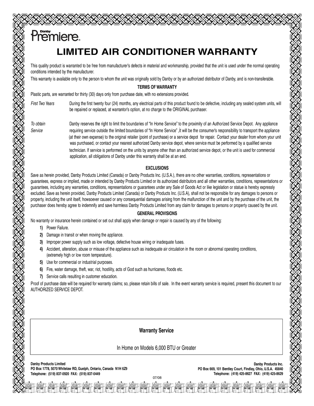 Danby DPAC 9009 manual Limited AIR Conditioner Warranty 