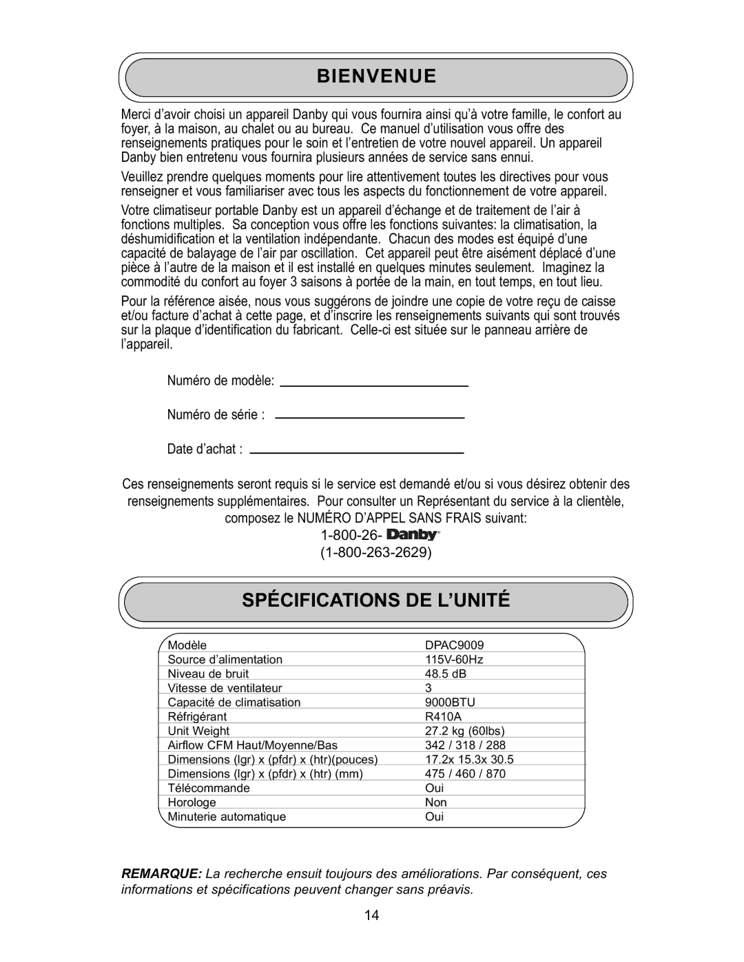 Danby DPAC 9009 manual Bienvenue, Spécifications DE L’UNITÉ 