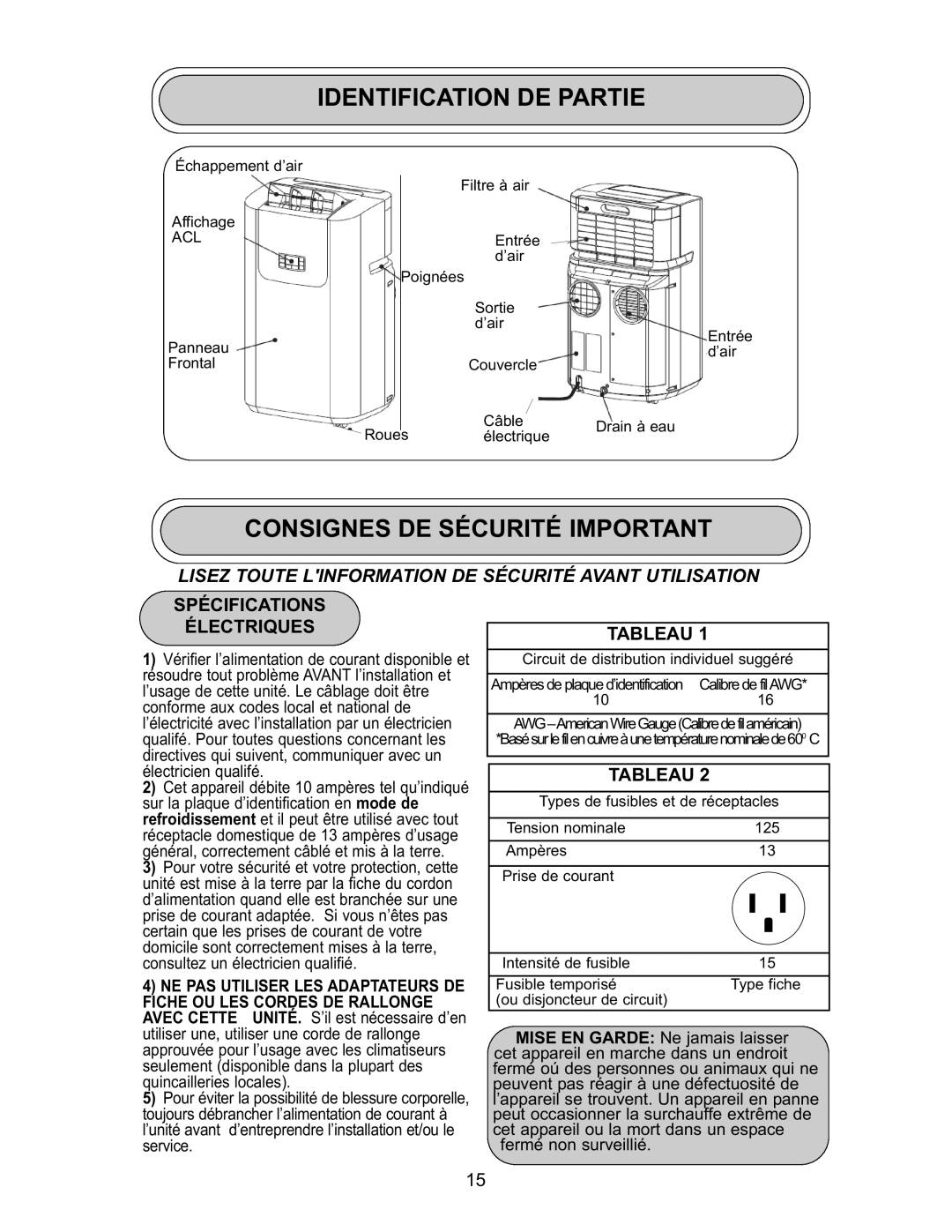 Danby DPAC 9009 manual Identification DE Partie, Consignes DE Sécurité Important, Spécifications Électriques, Tableau 