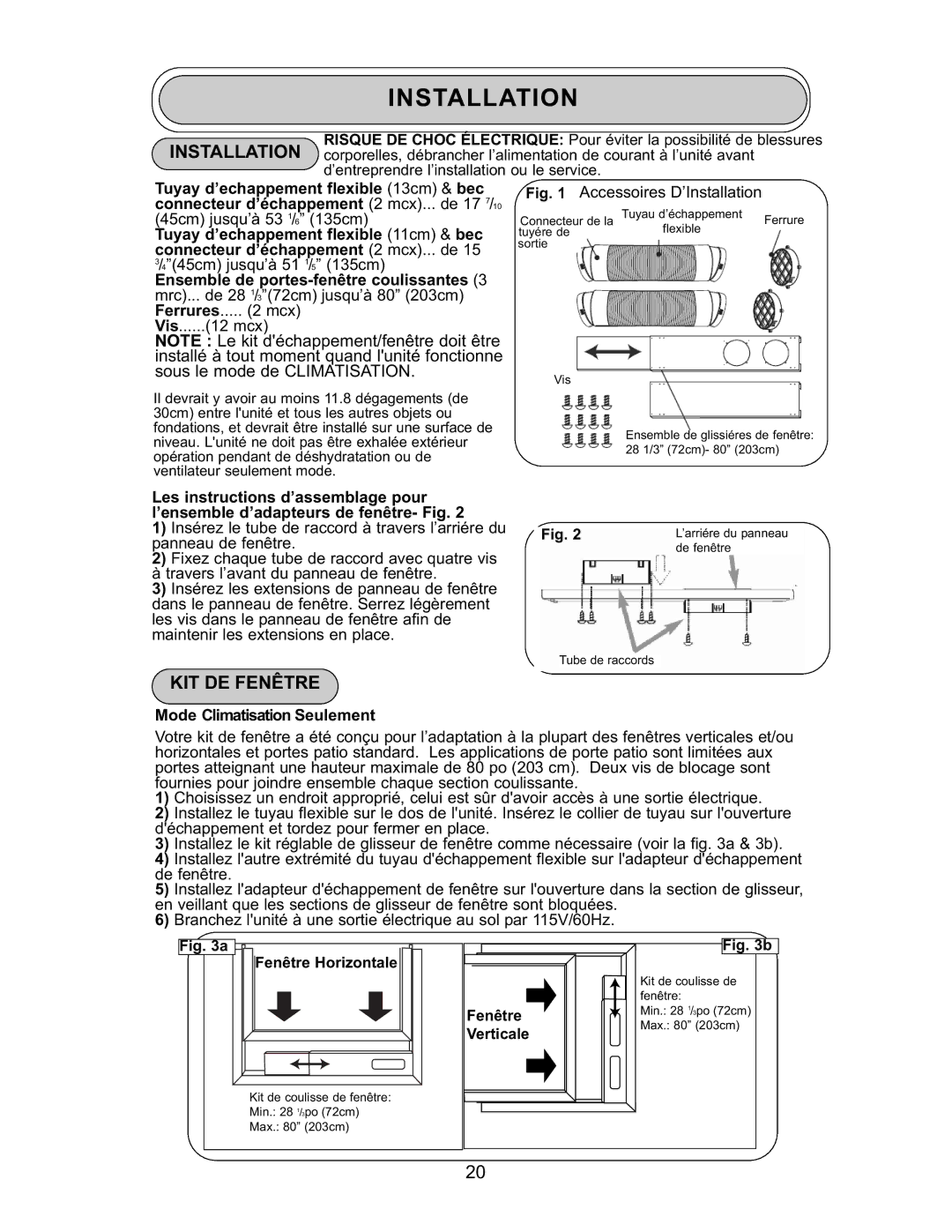 Danby DPAC 9009 manual KIT DE Fenêtre, Mode Climatisation Seulement 