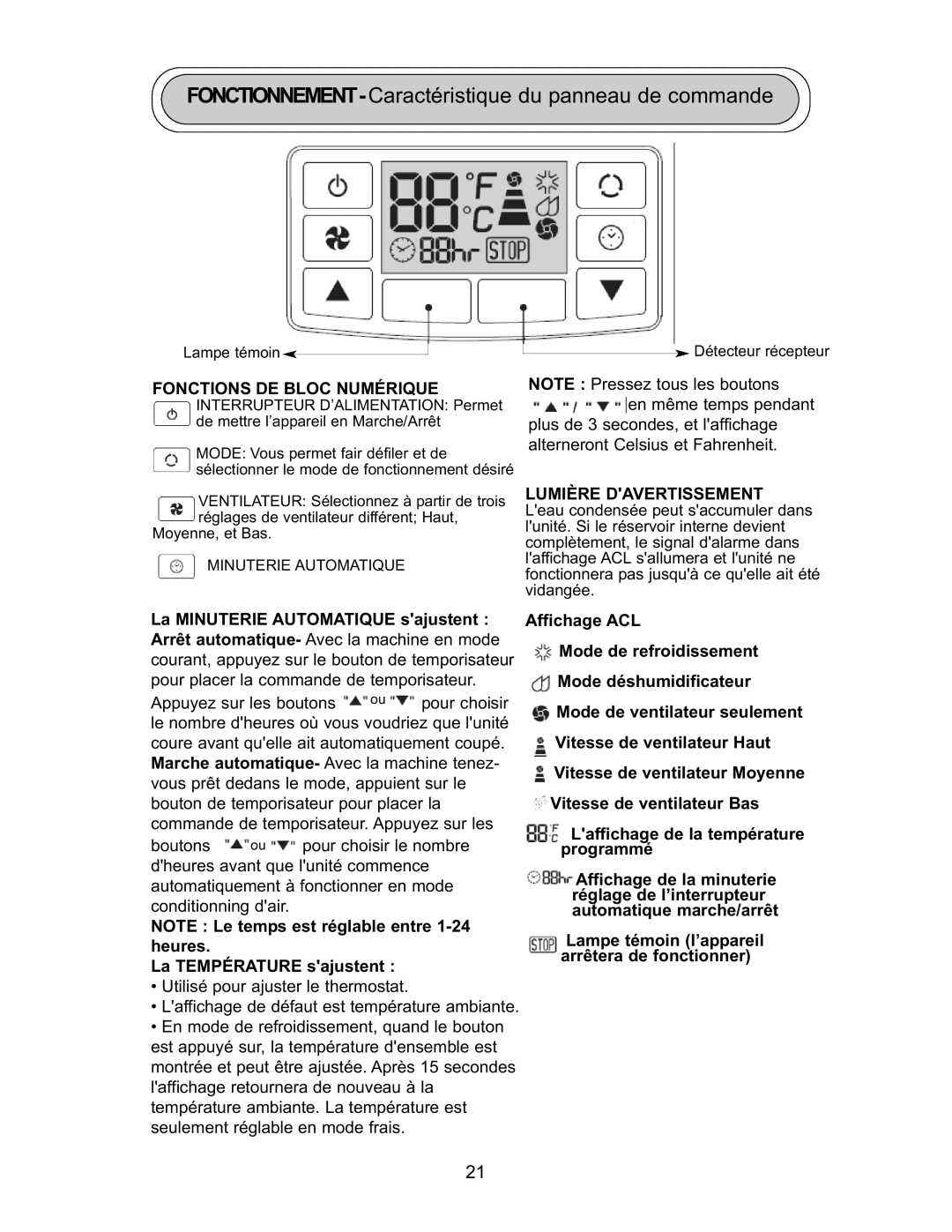 Danby DPAC 9009 manual Fonctions DE Bloc Numérique, Lumière Davertissement 