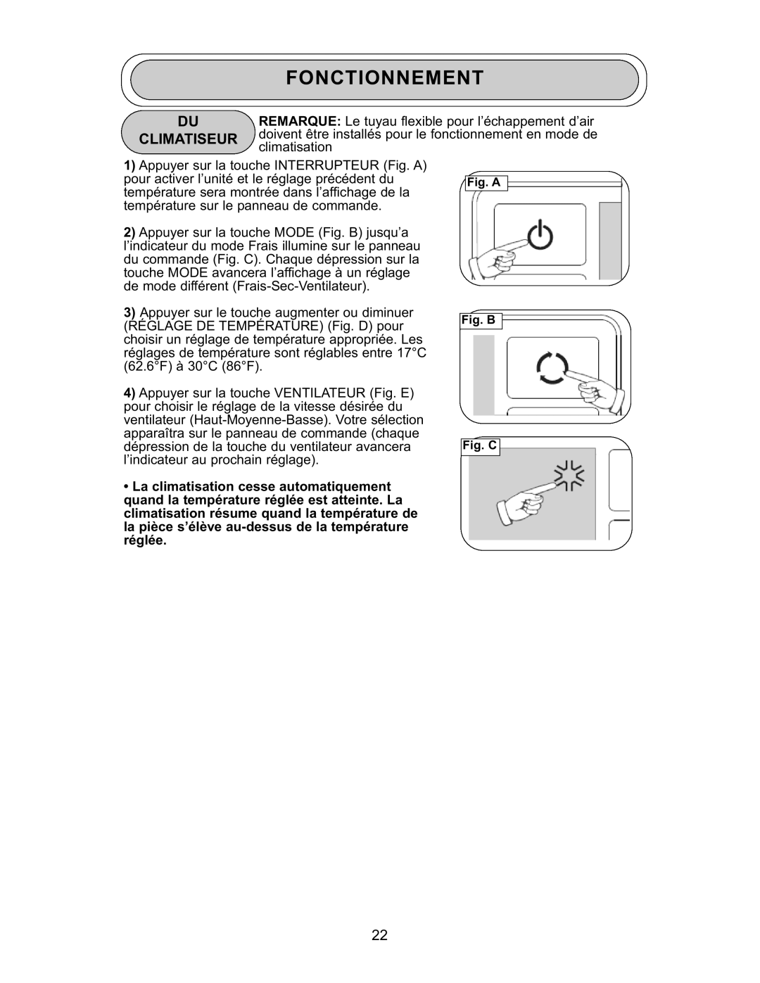 Danby DPAC 9009 manual Fonctionnement, Climatiseur 