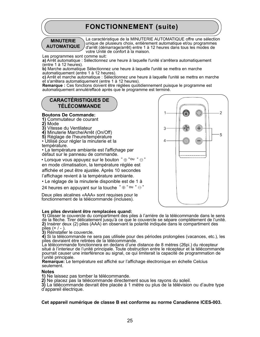 Danby DPAC 9009 manual Caractéristiques DE Télécommande, Minuterie Automatique, Boutons De Commande 