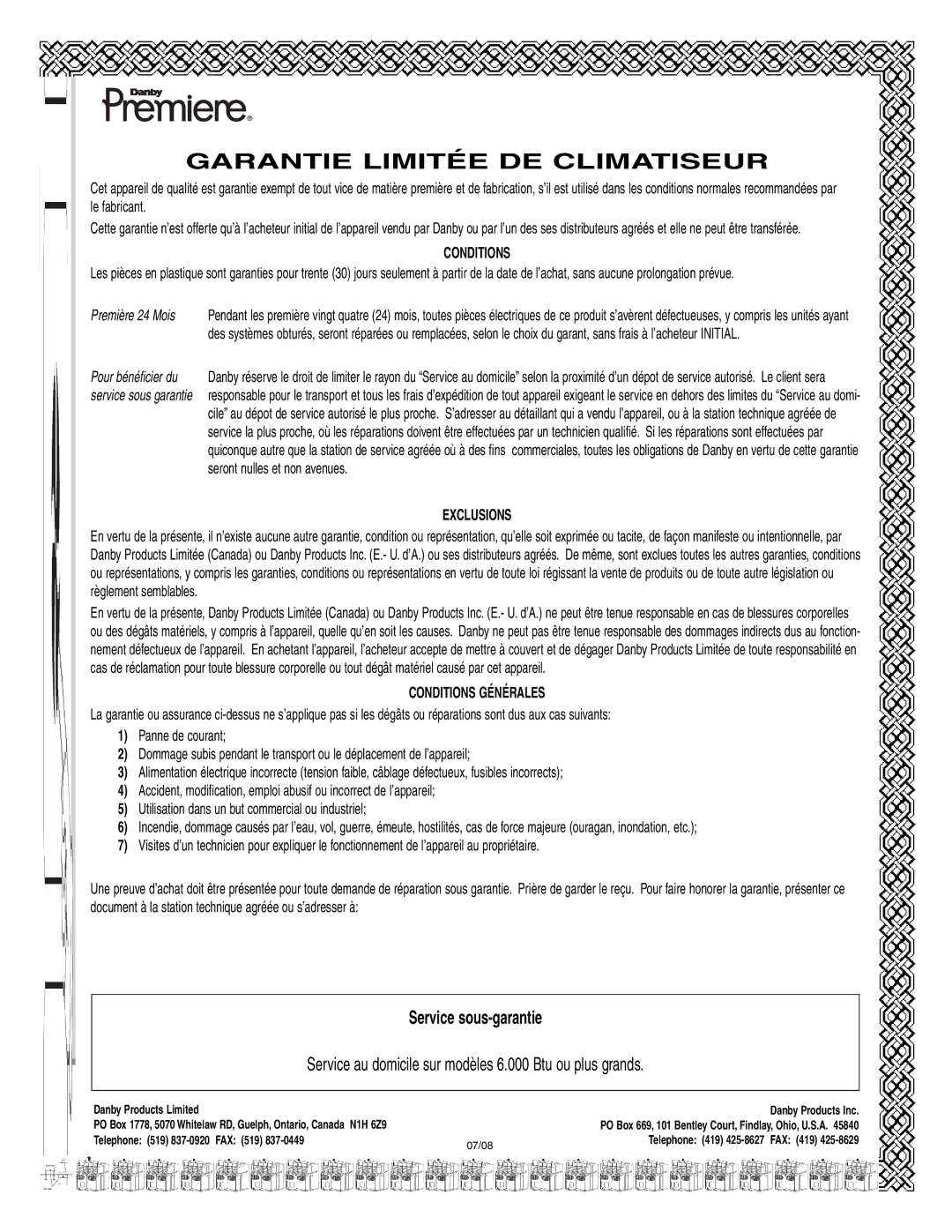 Danby DPAC 9009 manual Garantie Limitée DE Climatiseur 