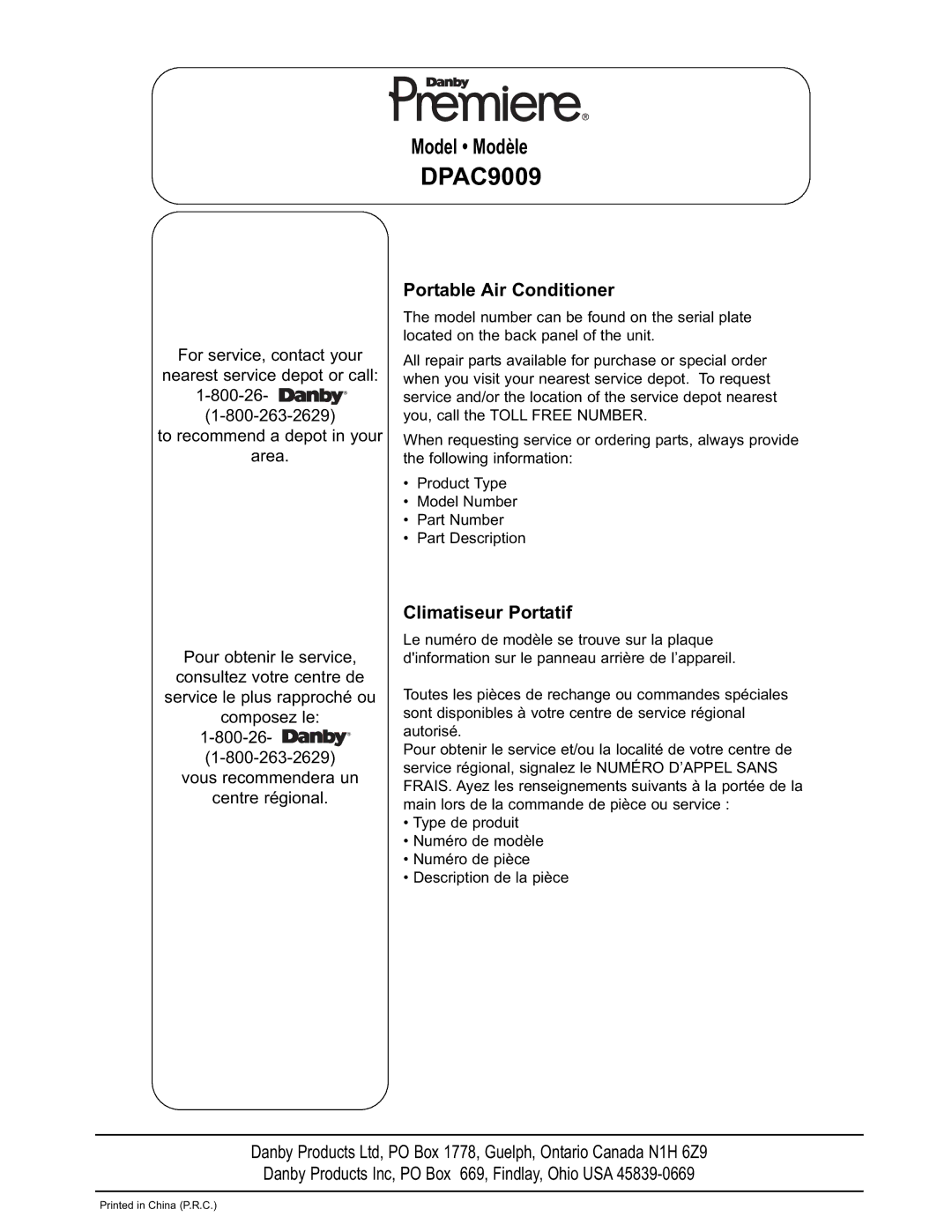 Danby DPAC 9009 manual DPAC9009, Portable Air Conditioner 